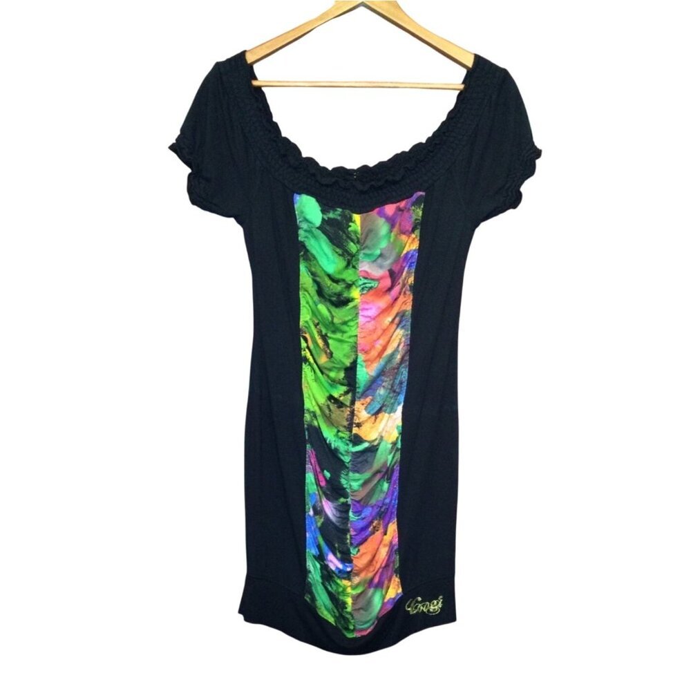 COOGI Ruched Black Mini Dress Size M Colorful Bodycon Back Cutout 90s